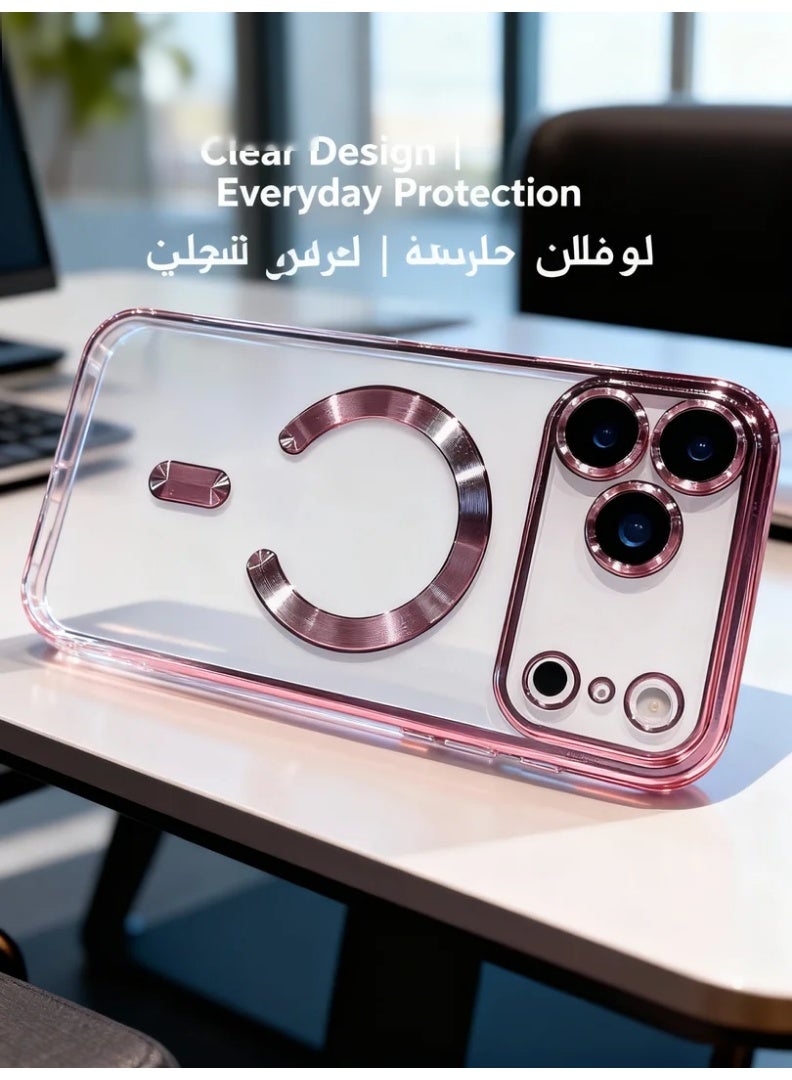 robotgcc Magnetic Phone Case for iPhone 17 Pro Max with Transparent Pink Electroplated Frame, Clear Shockproof Soft TPU Cover, Built-In Camera Lens Protection, Strong Magnetic Ring Compatible with Magnetic Charging, Anti-Drop Protective Case with Full Edge Coverage and Elegant Pink Finish - Image 1